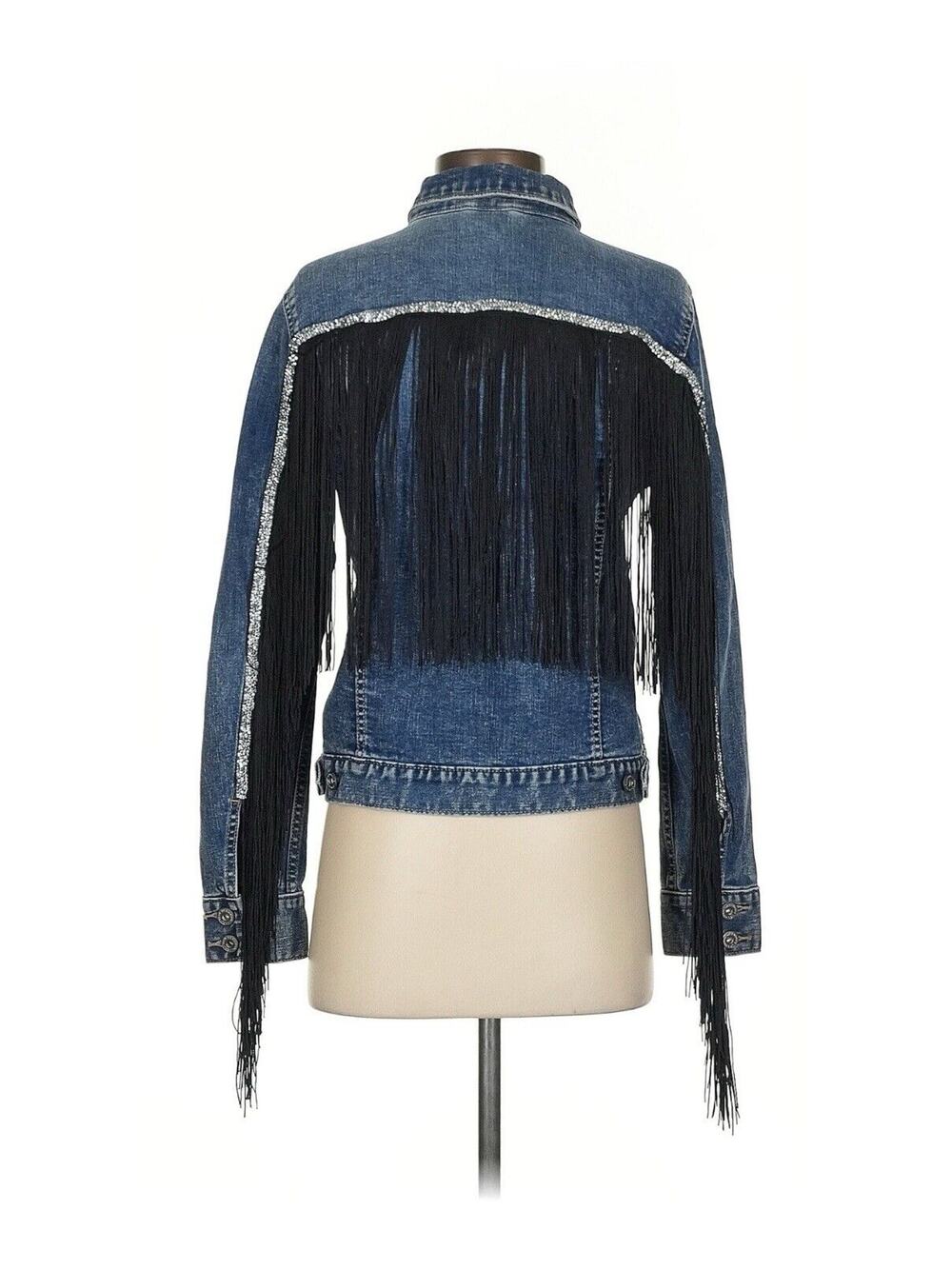 VTG Liz Claiborne Western Fringe Denim Jacket Rhinestone Blue Cotton Blend S